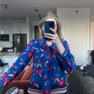 Ann Taylor Blue Blouse with Red Floral Design